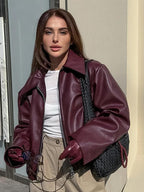 R&B | Bordeaux Rot Faux Leder Jacke mit Stilvollem Reverskragen und Reißverschlussdetail