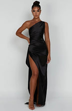 Falten Satin Schlitzkleid
