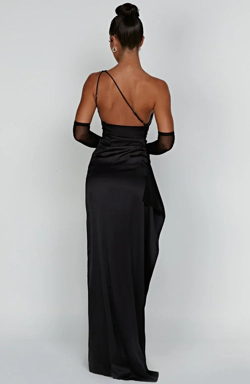 Damen-Maxikleid aus Satin mit einer Schulter und Plissee