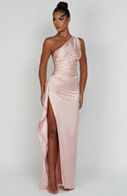 Falten Satin Schlitzkleid