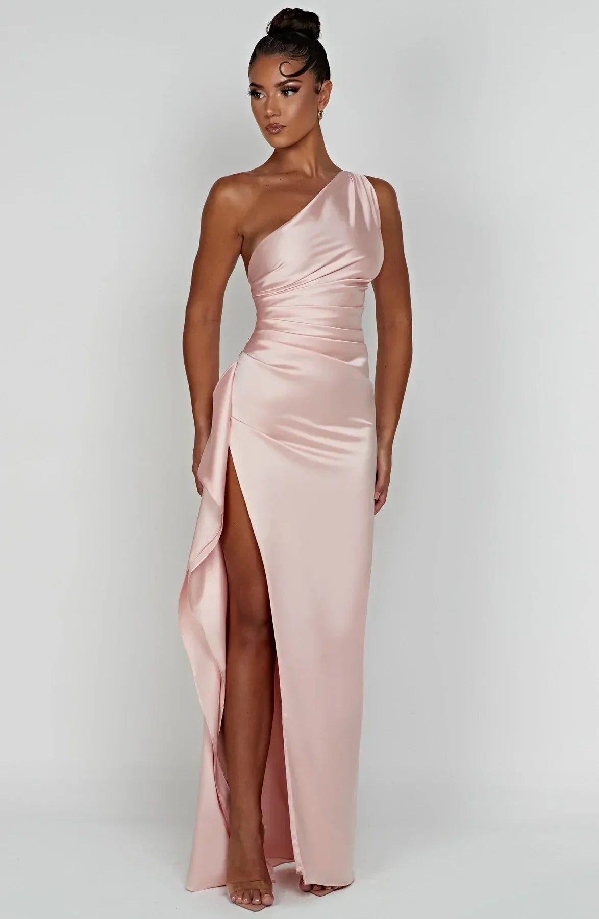 Falten Satin Schlitzkleid