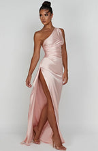 Falten Satin Schlitzkleid