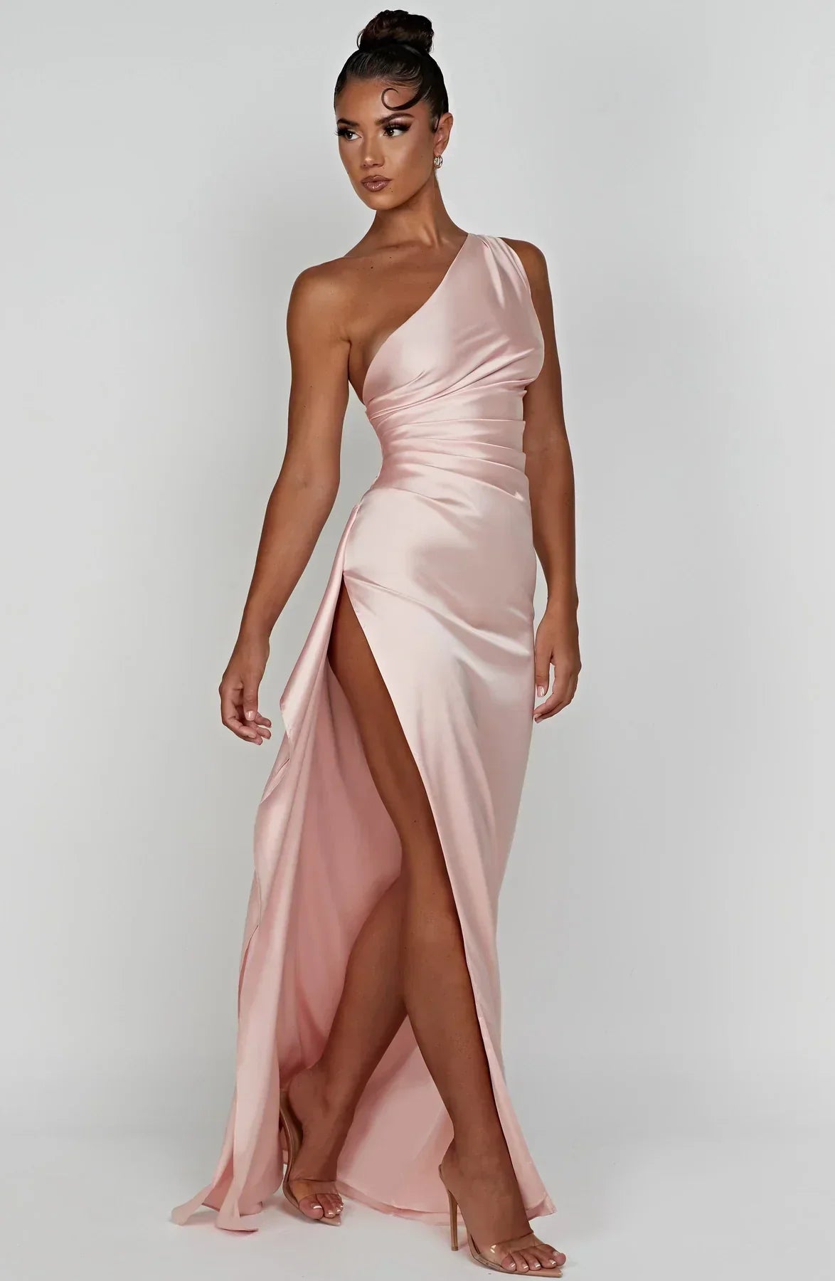 Falten Satin Schlitzkleid