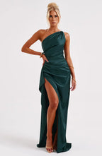 Falten Satin Schlitzkleid
