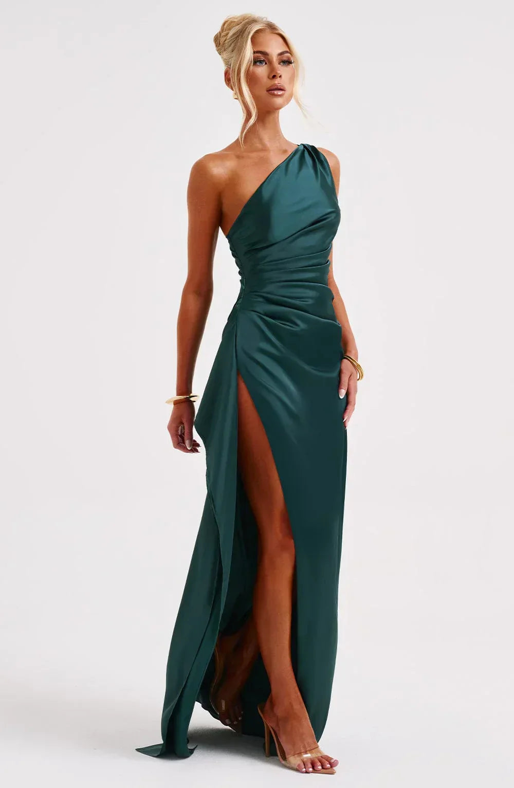 Falten Satin Schlitzkleid