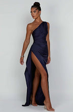 Falten Satin Schlitzkleid