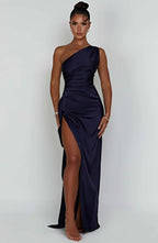 Falten Satin Schlitzkleid
