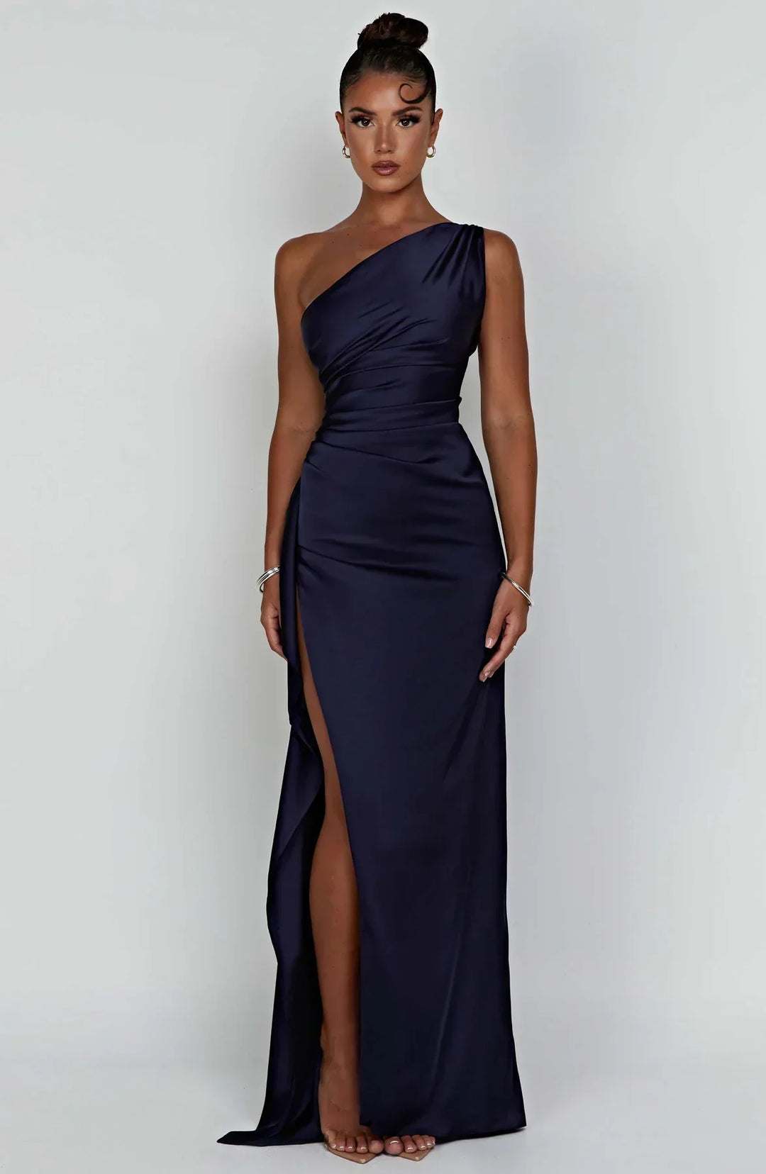 Falten Satin Schlitzkleid