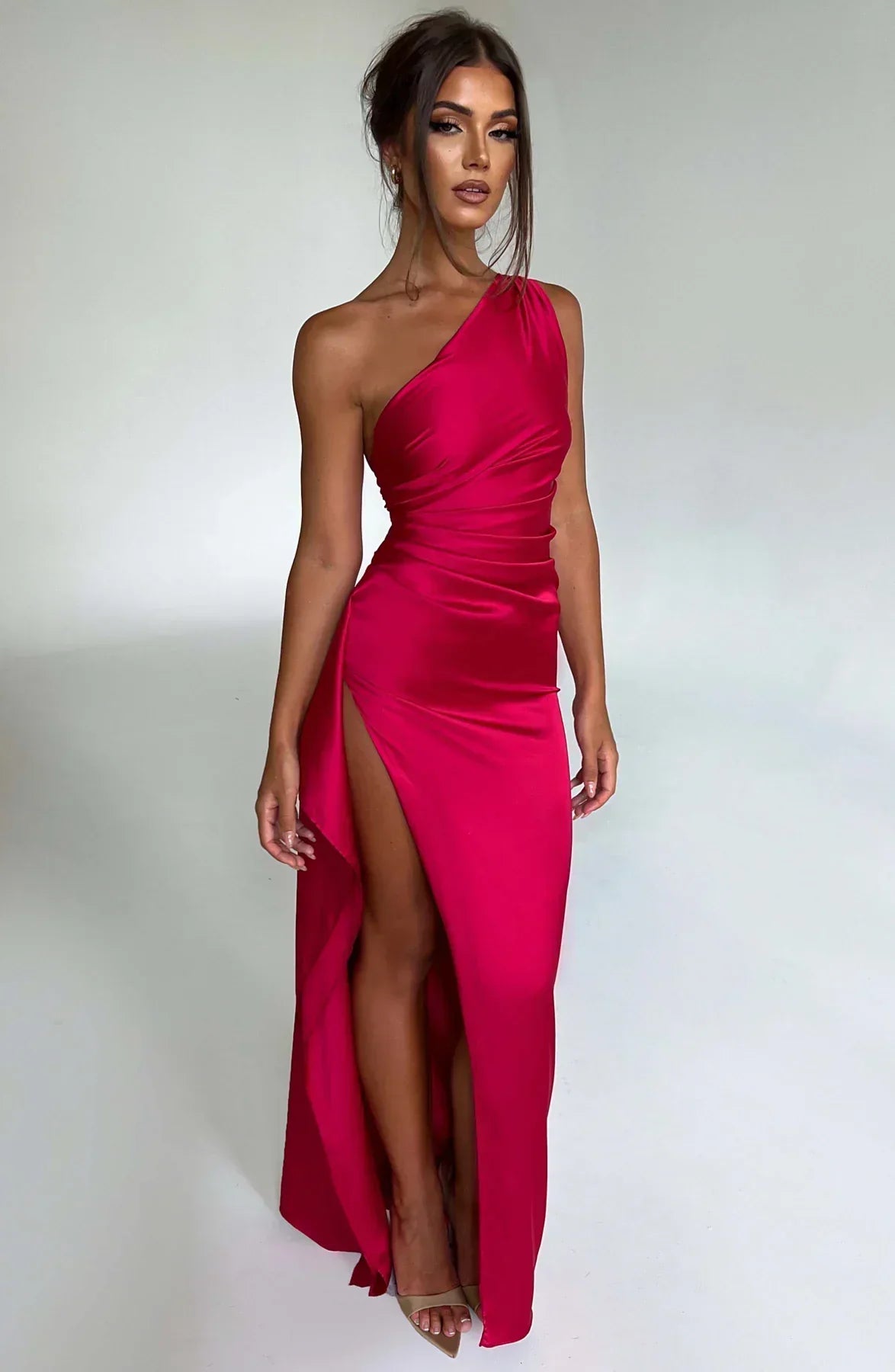 Falten Satin Schlitzkleid
