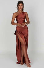 Falten Satin Schlitzkleid