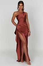 Falten Satin Schlitzkleid