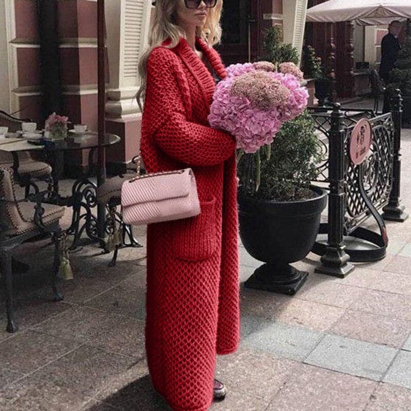 R&B | Langer Strickcardigan Offene Vorderseite Grobstrick mit Großen Taschen