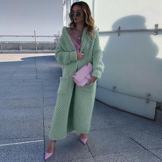 R&B | Langer Strickcardigan Offene Vorderseite Grobstrick mit Großen Taschen