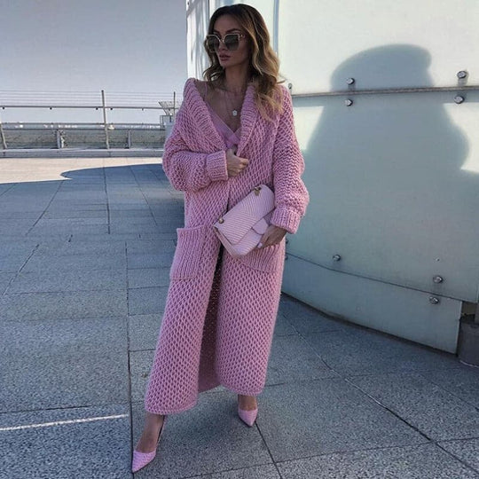 R&B | Langer Strickcardigan Offene Vorderseite Grobstrick mit Großen Taschen