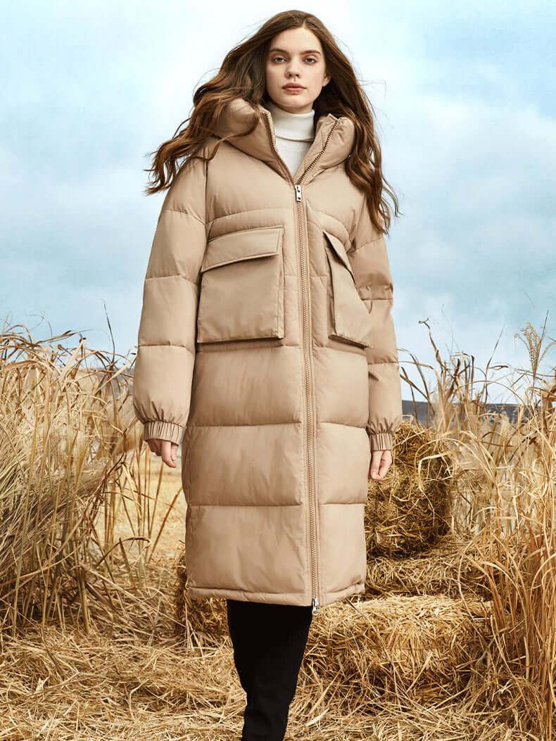 R&B | Damen Lange Winter Pufferjacke mit Kapuze