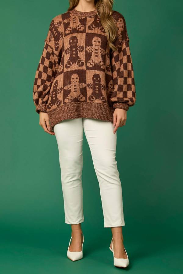 R&B | WeihnachtslR&Bkuchenmann Rundhalsausschnitt Langarm Lockere Strickpullover