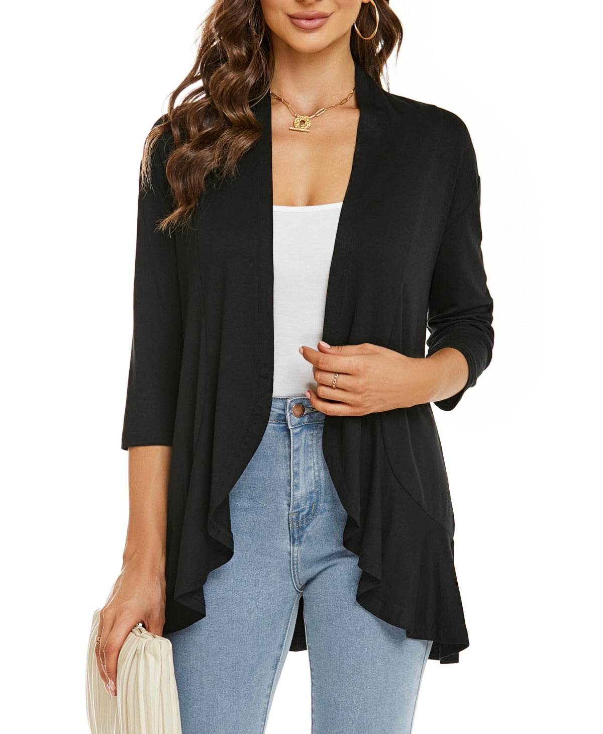 R&B | Einfarbige Strickjacke mit siR&Ben Viertelärmeln und Rüschenrand