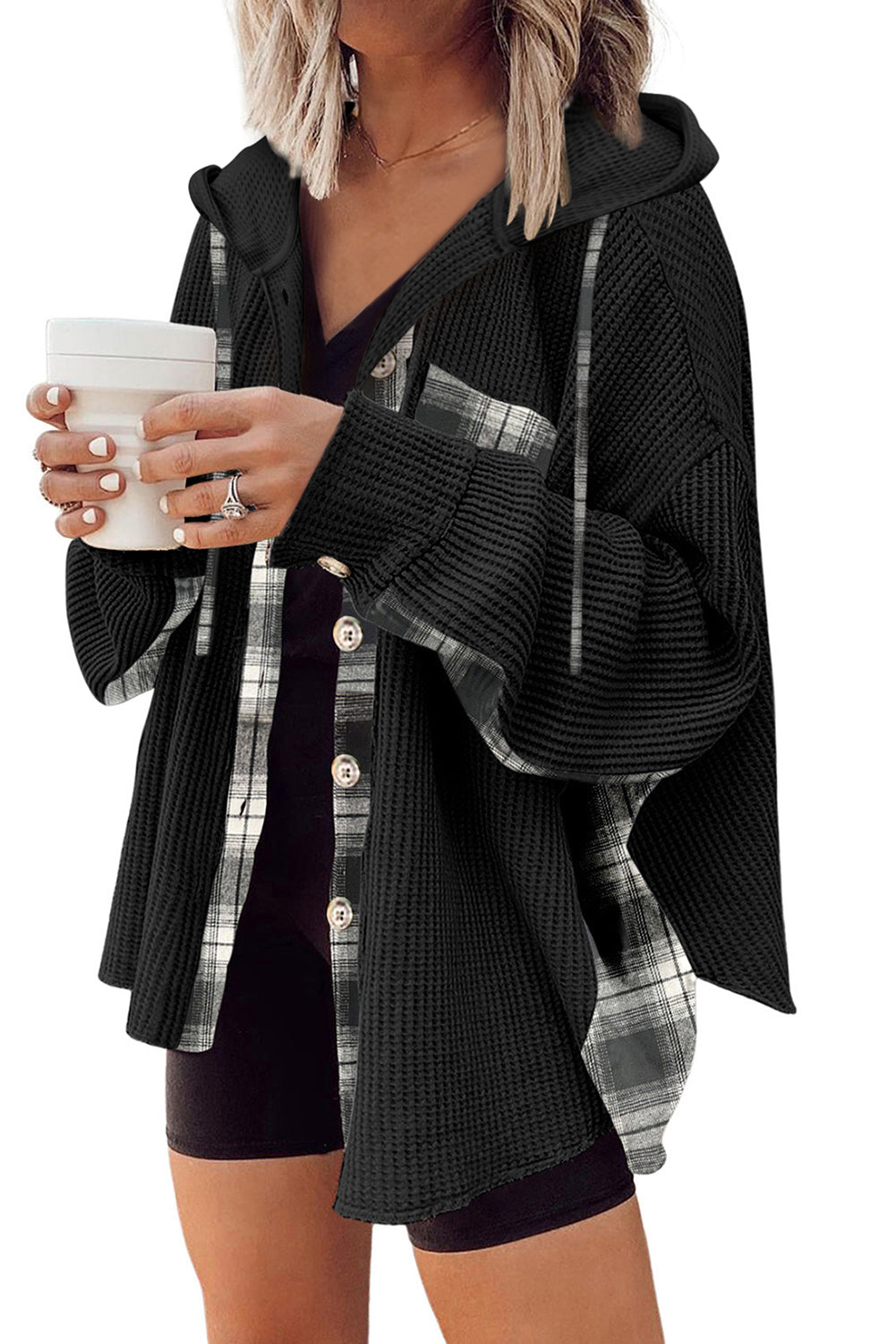 R&B | Oversized Hemdjacke mit Kapuze Geripptes und Kariertes Design Bequem und Trendy