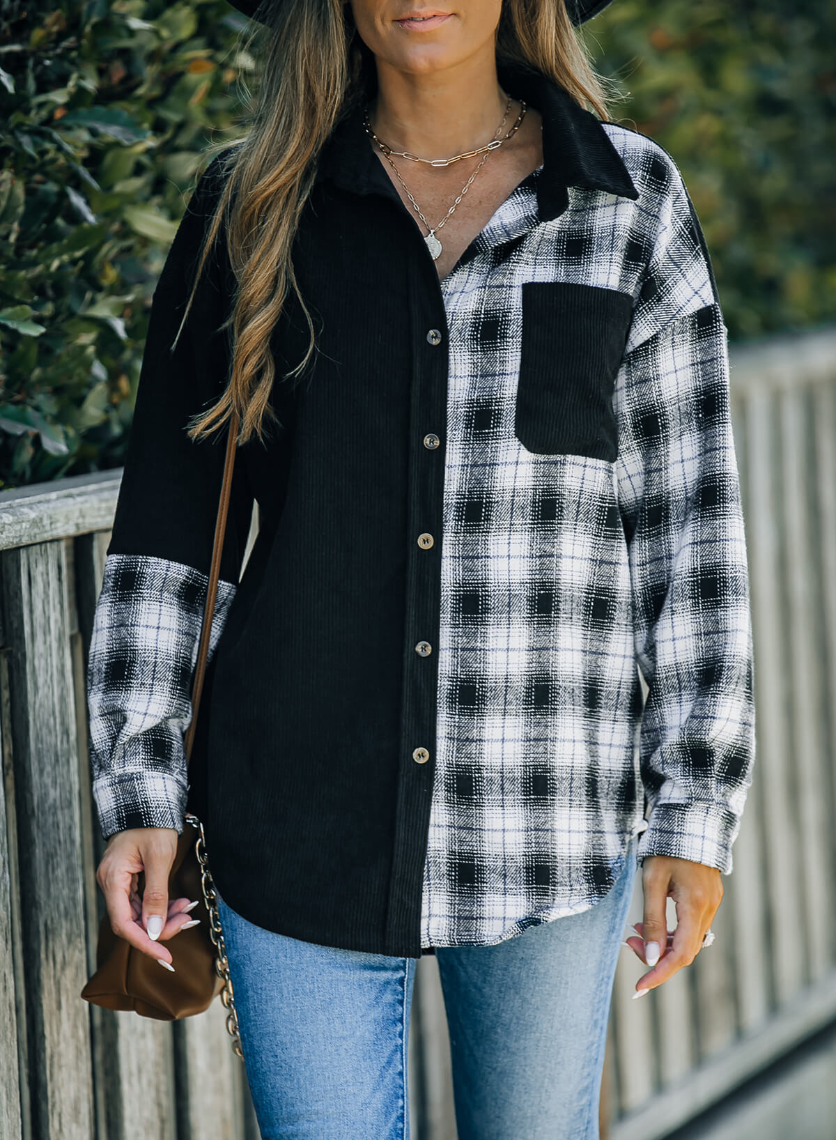 R&B | Karierte Farbblock Gefallen Schulter Corduroy Shacket