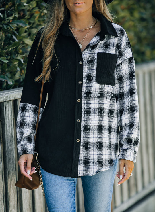R&B | Karierte Farbblock Gefallen Schulter Corduroy Shacket