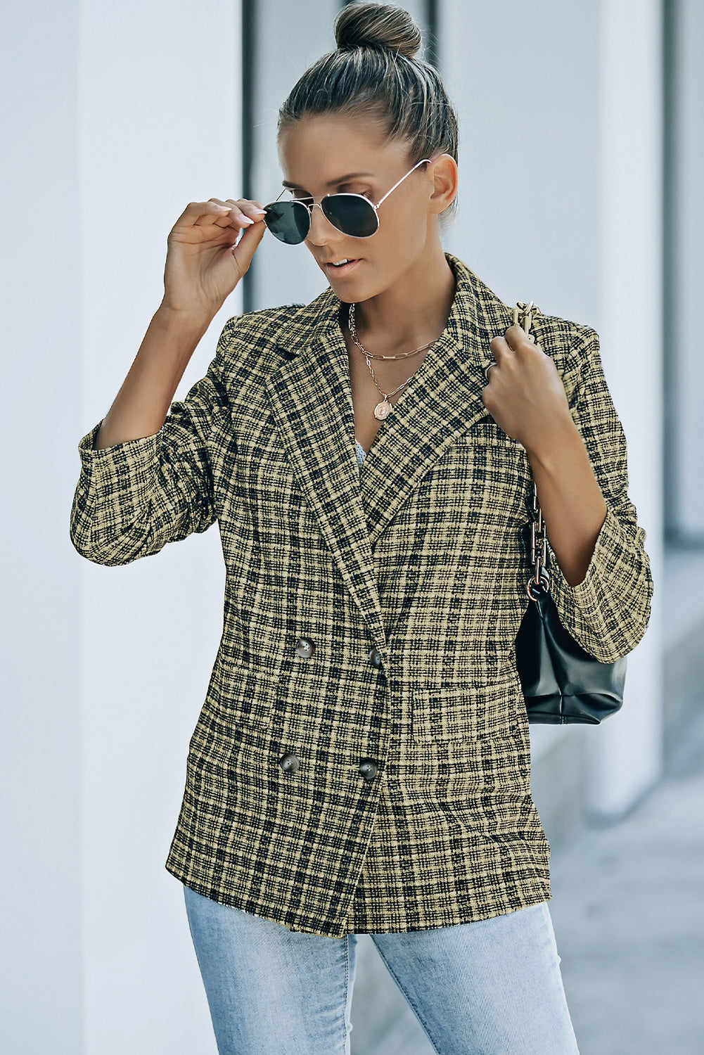 R&B | Karierter Doppelreiher Langarm-Blazer