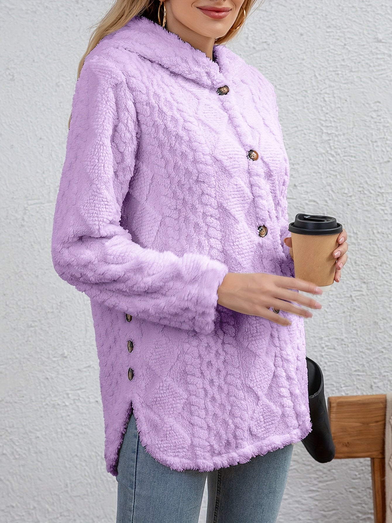 R&B | Fluffy Kapuzenjacke mit Knöpfen Polyester Weich und Warm