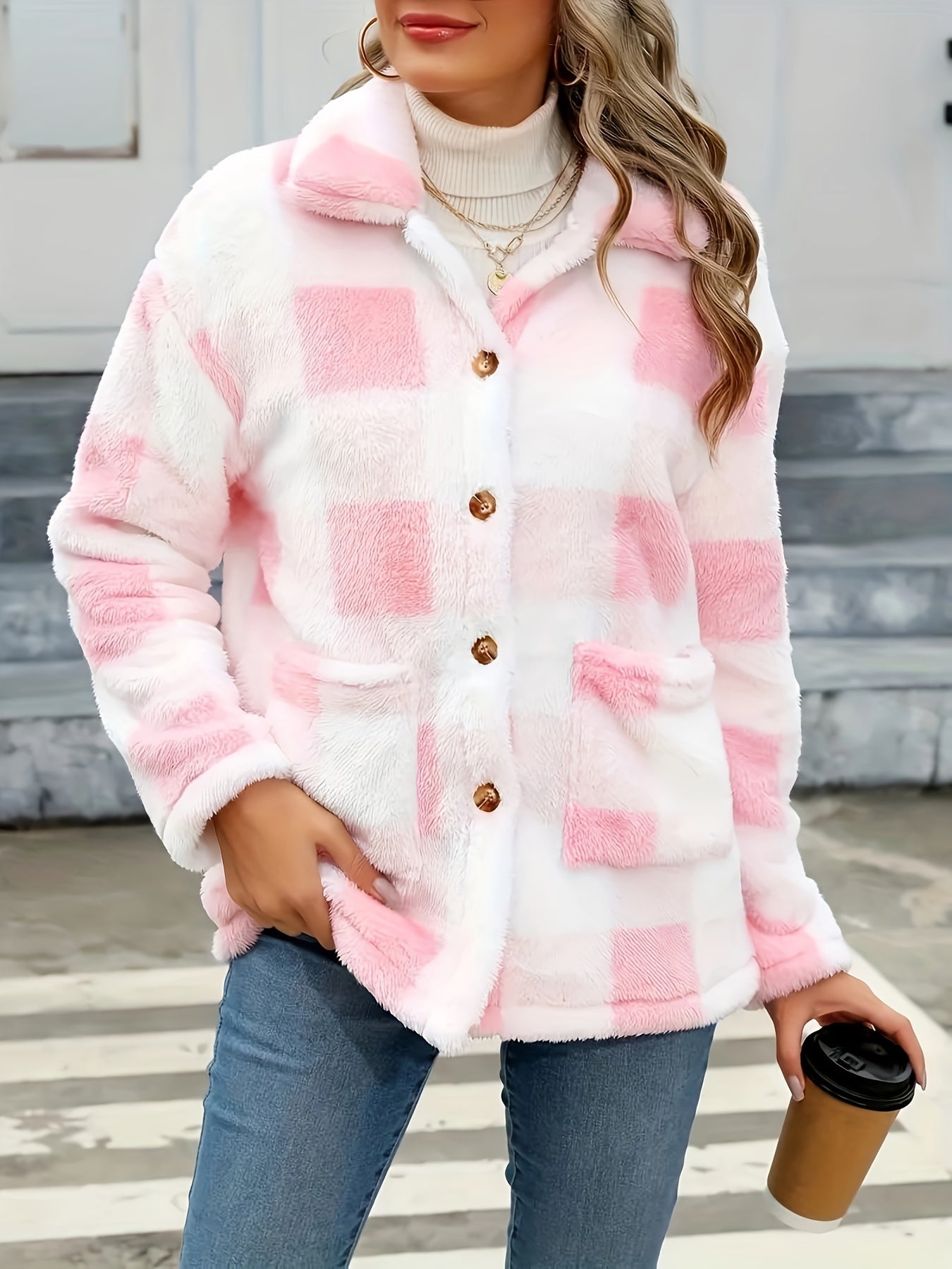 R&B | Gitter Teddyjacke mit Knöpfen und Taschen Polyester Warm und Stilvoll