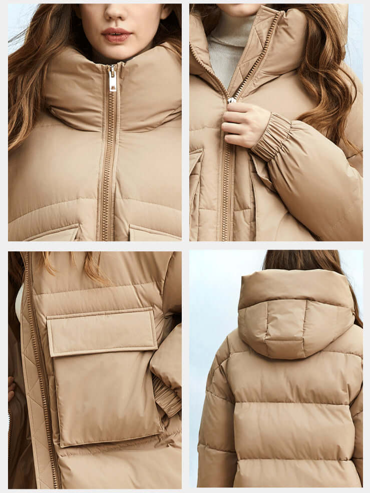 R&B | Damen Lange Winter Pufferjacke mit Kapuze