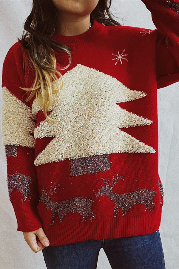 R&B | Weihnachtsmuster Gestrickter Rundhalsausschnitt Langarmpullover