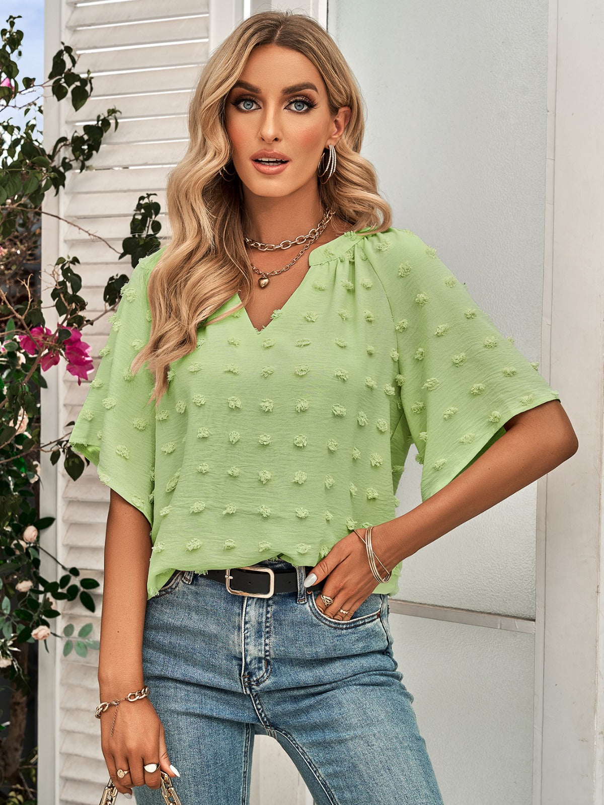 R&B | Damen V-Ausschnitt einfarbig Haarball Top Damen