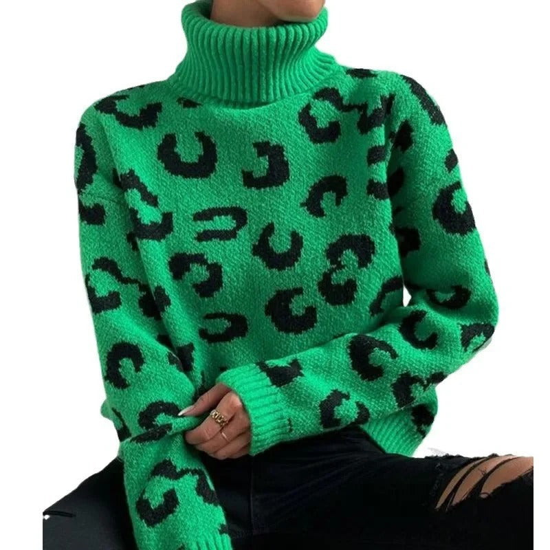 R&B | Lässiger Rollkragen-Strickpullover mit Leopardenmuster