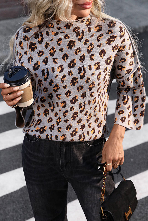 R&B | Strickpullover mit Leopardenmuster und lockerem Rollkragen