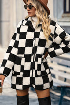 R&B | Karierter Knopfkragen Faux Fur Oberbekleidung