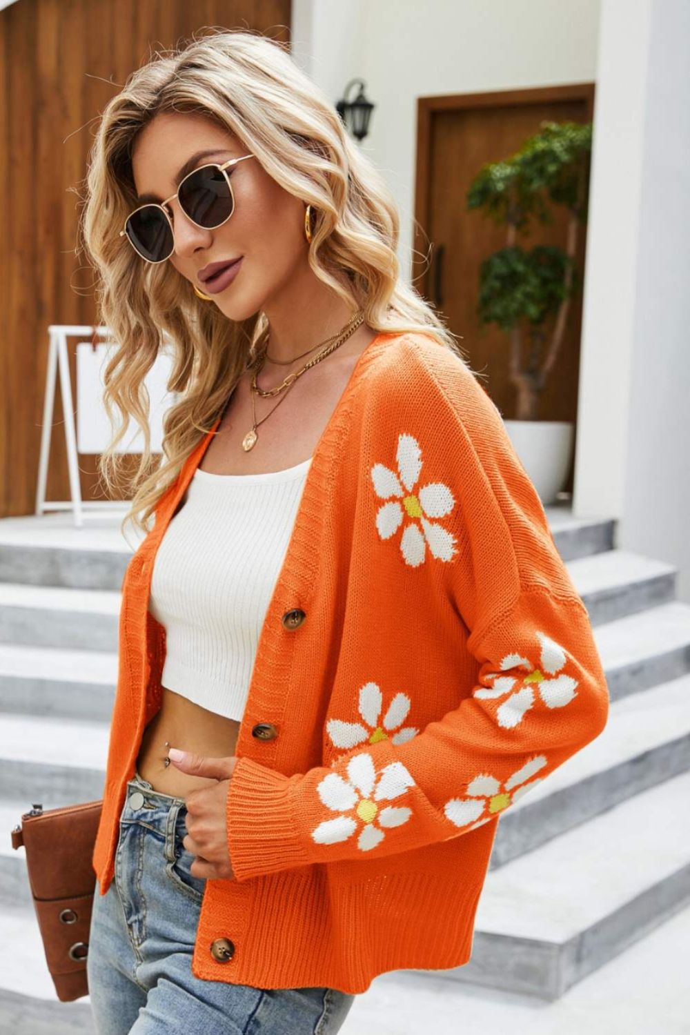 R&B | Floral Ribbed Trim Drop Shoulder Cardigan