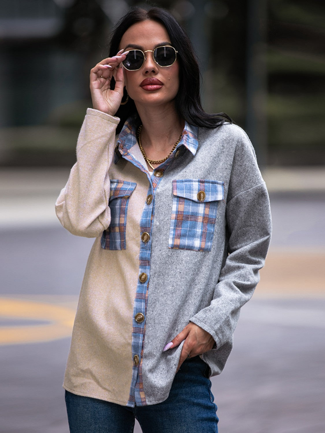 R&B | Karo Kontrast Drop Shoulder Shacket