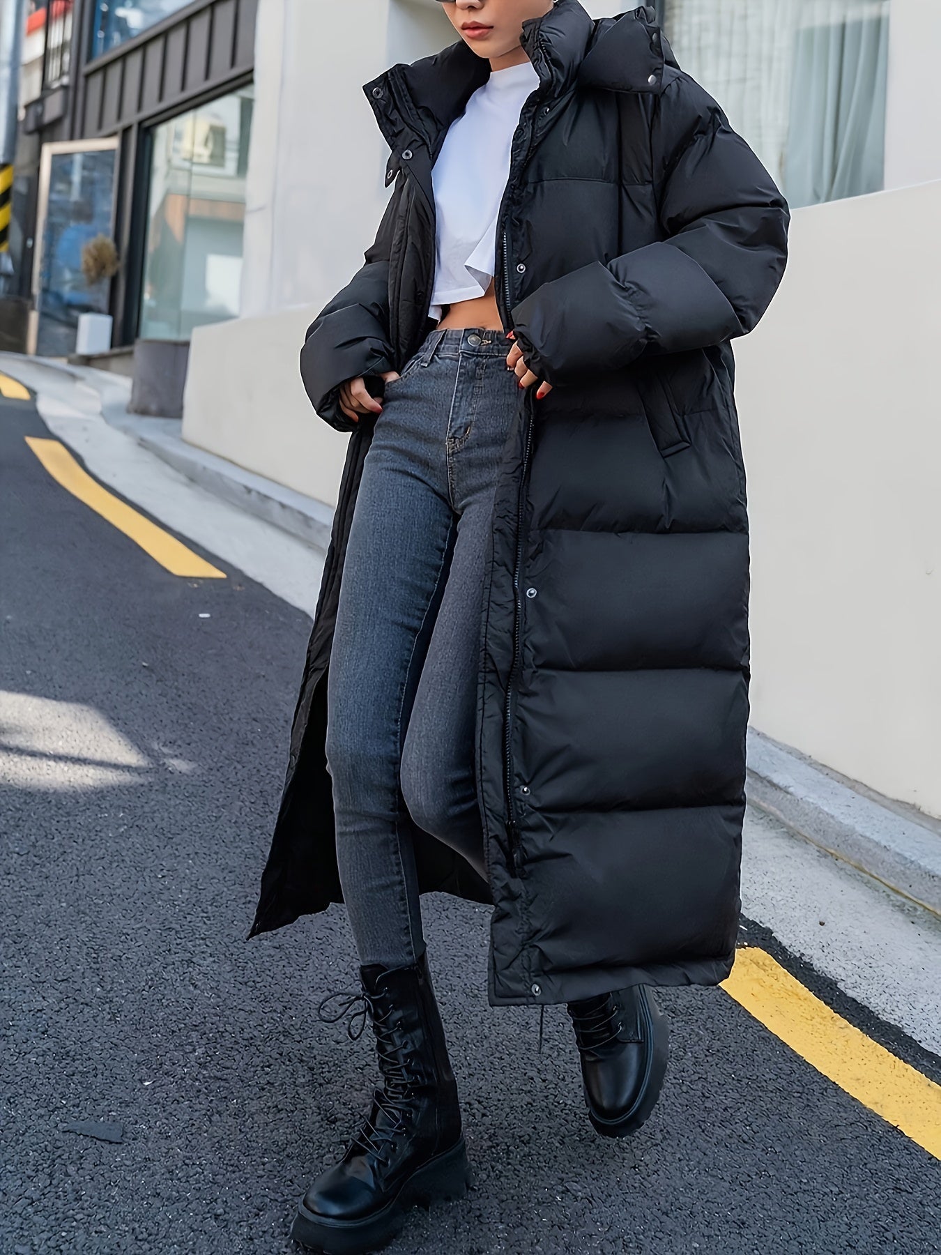 R&B | Lange Steppjacke mit Kapuze und weit geschnitten für Frauen Ideal bei kaltem Wetter