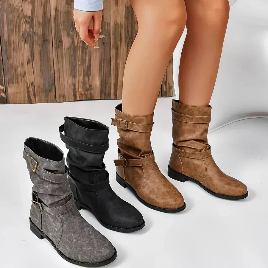 Vintage Schnalle Strap Western Ankle Boots Für Frauen R&B
