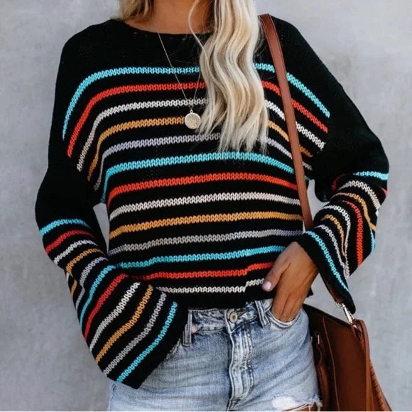 R&B | gestreifter V-Ausschnitt-Strickpullover für den Lagenlook im Herbst