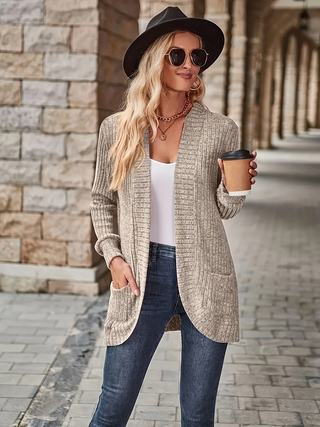 R&B | Damen Freizeit Strickfleeceweste Mit Langen Ärmeln
