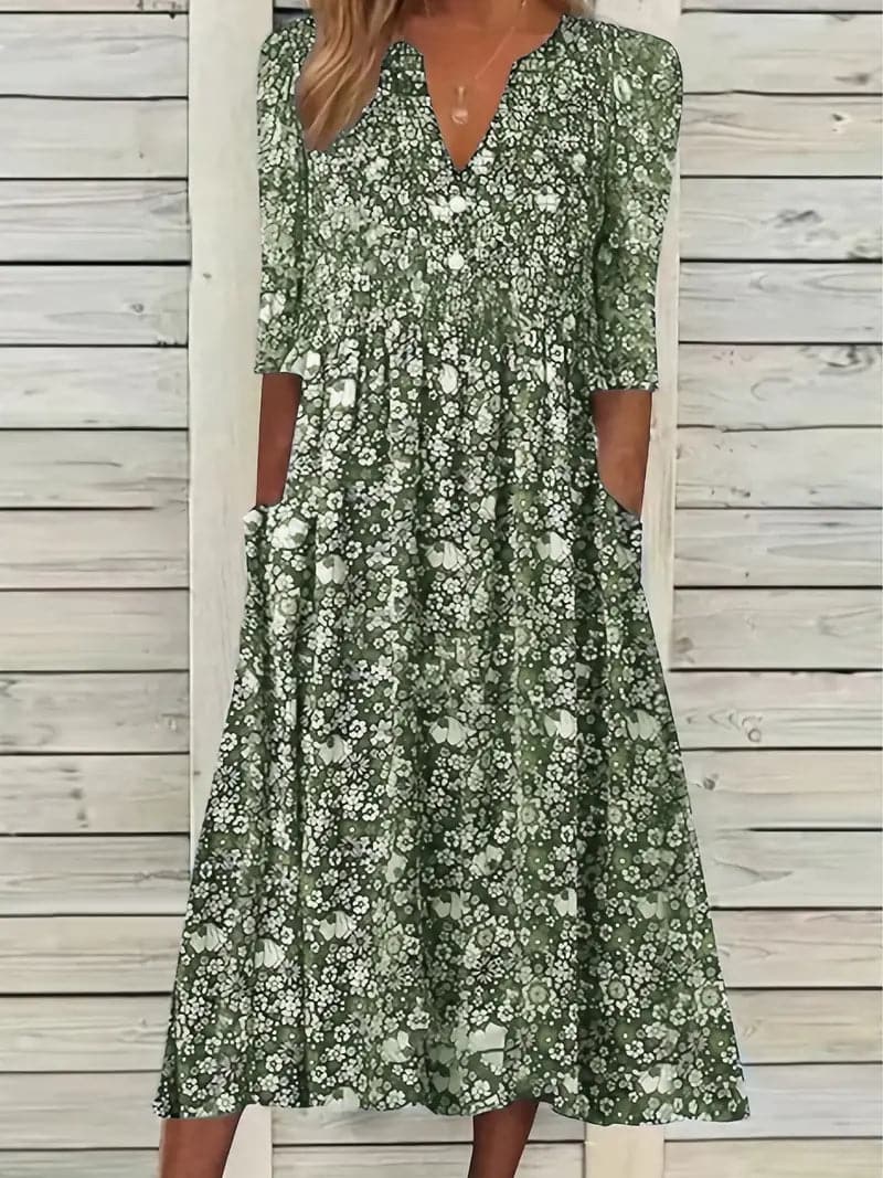 R&B | Midikleid A-Linie Passform V-Ausschnitt 3/4 Ärmel Blumenmuster