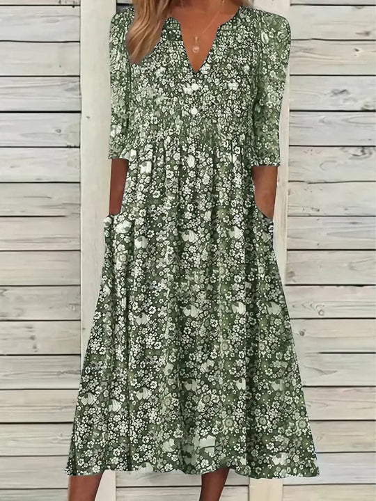 R&B | Midikleid A-Linie Passform V-Ausschnitt 3/4 Ärmel Blumenmuster