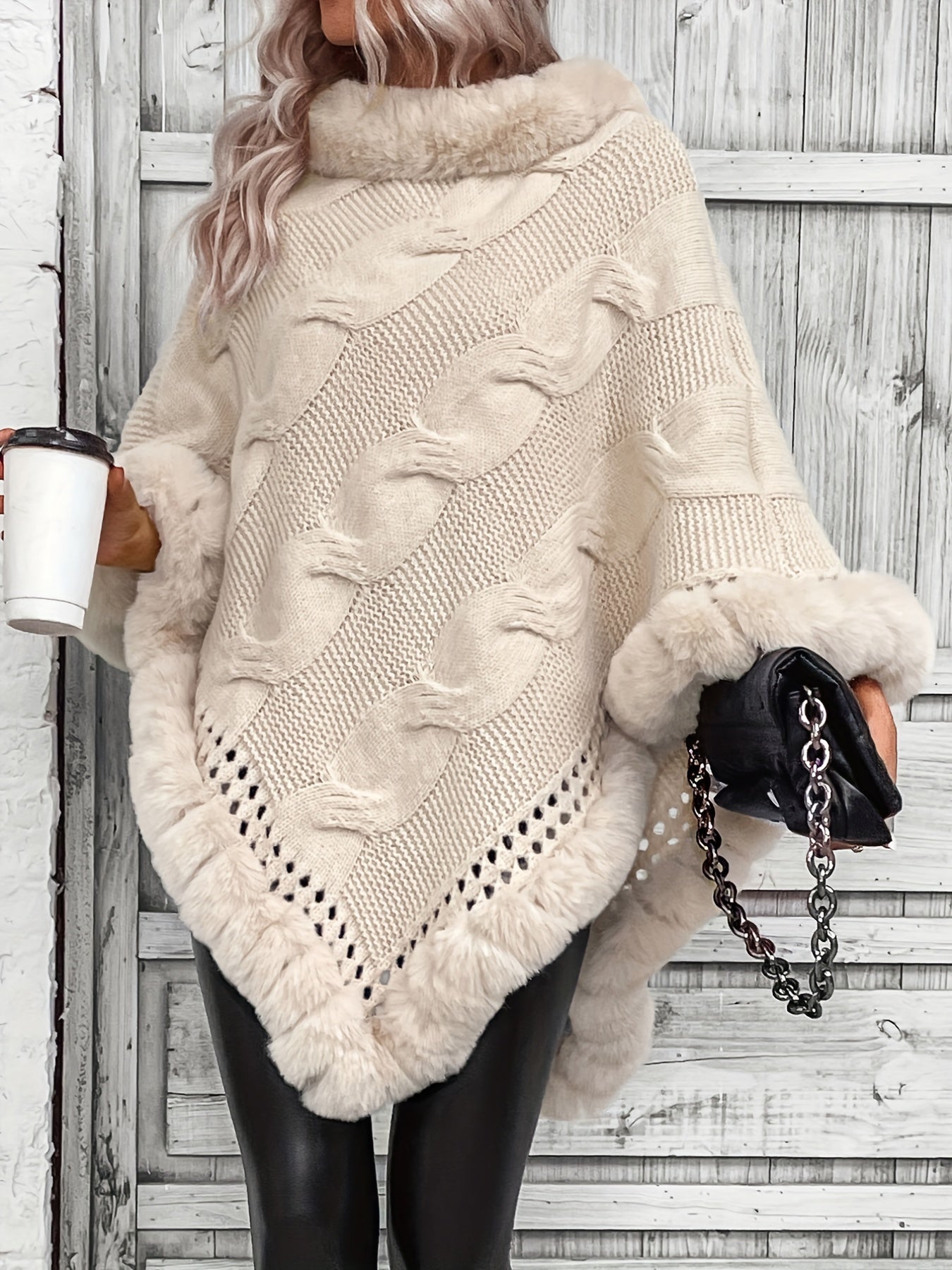 R&B | Poncho mit Kunstpelzrand und Grobstrickmuster Acryl Elegant und Warm