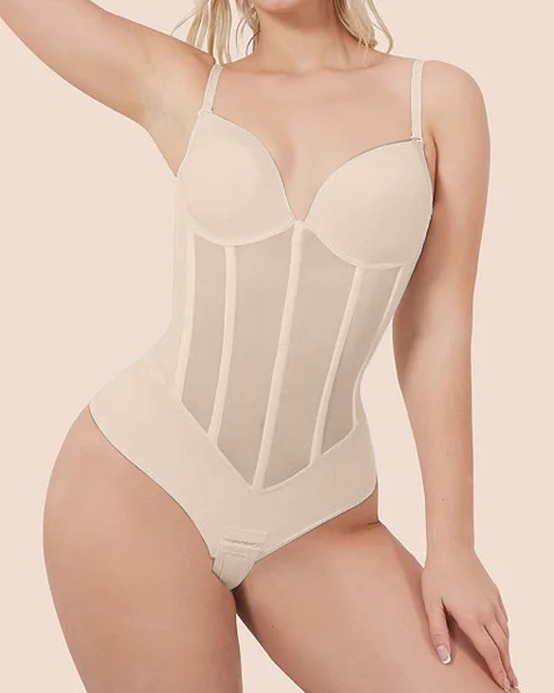 R&B | Damen Bauch Kontrolle Tanga Schiere Mesh Korsett Top Rückenfrei Bodysuit