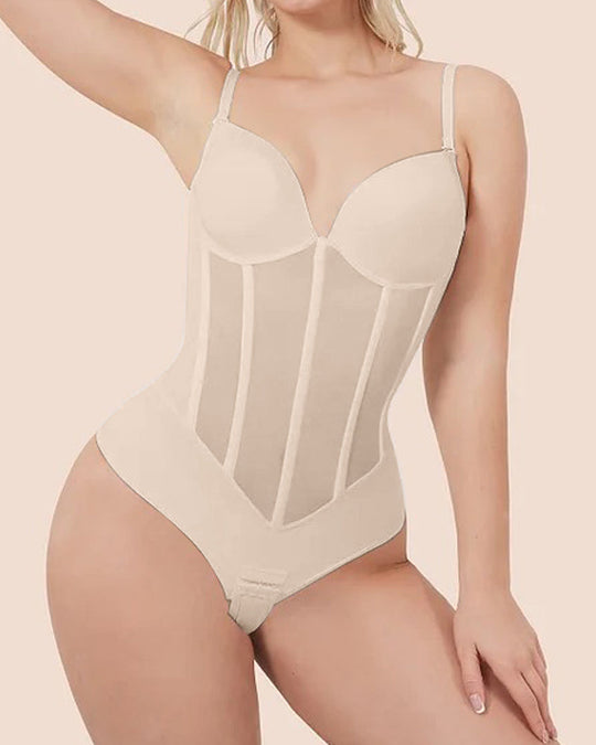 R&B | Damen Bauch Kontrolle Tanga Schiere Mesh Korsett Top Rückenfrei Bodysuit