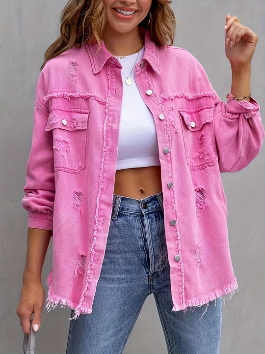 R&B | Denimjacke Boho Nicht Dehnbar, Einfarbig, Knopfverschluss