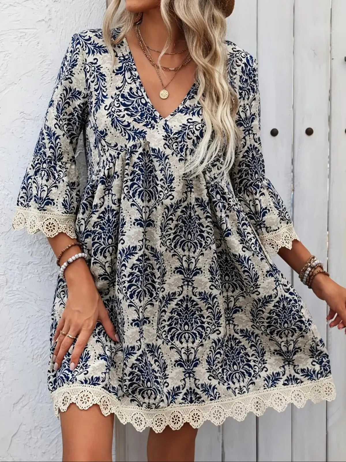 R&B | Bedrucktes Freizeitkleid mit V-Ausschnitt