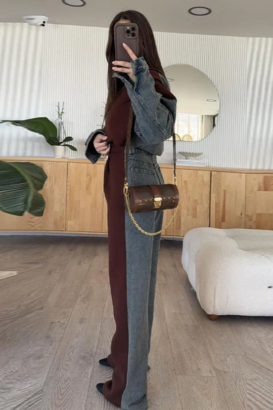 R&B | Lässige Denim-Patchwork-Sweatshirtjacke mit Reißverschluss
