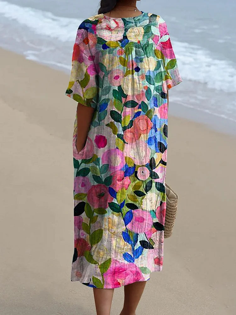 Fließendes Damenkleid mit farbenfrohem Frühlingsblumendruck