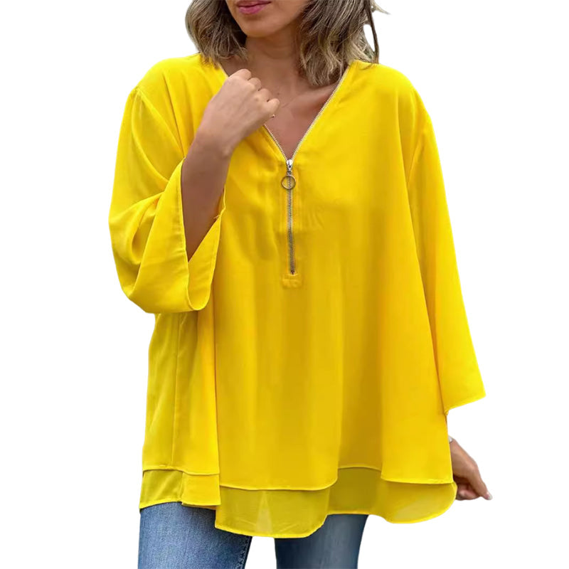 R&B | Chiffon Reißverschluss Top mit V-Ausschnitt