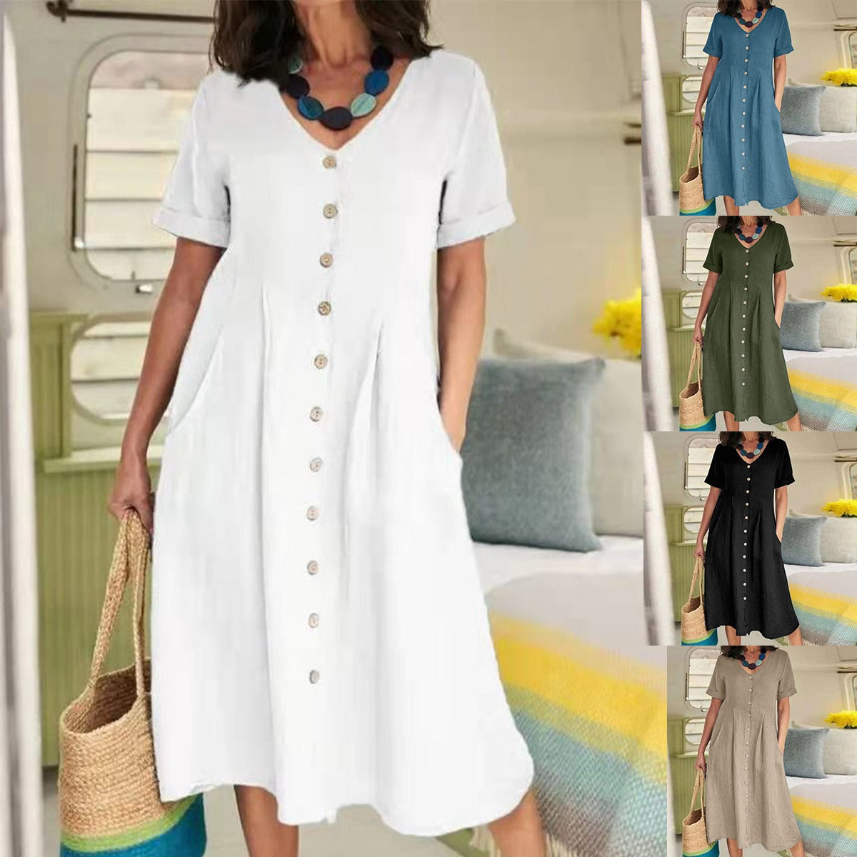 R&B | Lockeres Kleid aus Baumwolle und Leinen mit hoher Taille